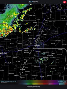 Radar loop, from just after 9am on this first full day of astronomical summer, showing thunderstorms moving into the Mid-South. | US National Weather Service Memphis Tennessee