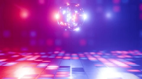 VJ loop. Smooth rotation of the disco ball with glare on the mirrors. Retro animation. Disco style. Bright light. Animation, screensaver. Seamless animation of the dance floor.