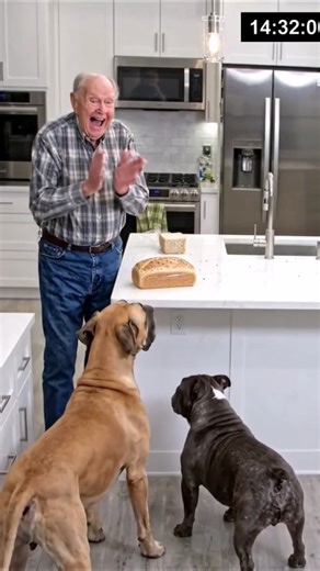 A tall Great Dane and a stubborn Bulldog stand near the owner.