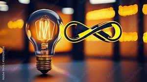 An illuminated light bulb with an infinity symbol behind it, suggesting an endless stream of ideas.