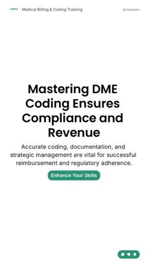 AMBCI I AAPC Medical Billing and Coding Training on Instagram: "DME coding is one of the fastest ways to win or lose reimbursement.⁠ Every wheelchair, oxygen device, or prosthetic requires the correct HCPCS Level II code, the right modifiers, and documentation that proves medical necessity. When any part is missing, claims get denied, audits increase, and revenue stalls.⁠ ⁠ This article breaks down why DME coding demands precision by:⁠ • Explaining how HCPCS Level II codes map to real equipment 