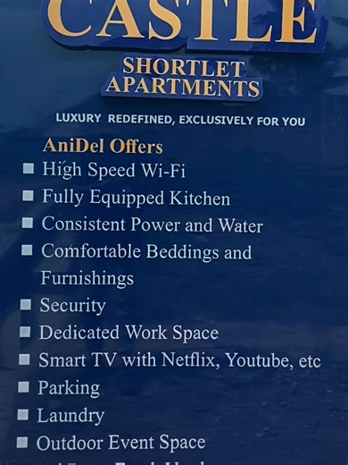 ANIDEL CASTLE SHORT-LET APARTMENT ONDO CITY. LUXURY REDEFINED, EXCLUSIVELY FOR YOU. . . FOR BOOKINGS: 2348106168268 EMAIL: anidelcastle.apartments@gmail.com Website: www.anidelcastleapartments.com . . #reels #realestate #shortletapartment #ondocity #anidelcastle