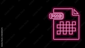 Glowing neon line PNG file document. Download png button icon isolated on black background. PNG file symbol. 4K Video motion graphic animation
