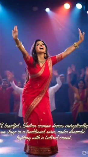 A beautiful Indian woman dances energetically on stage in a traditional saree, under