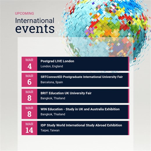 Discover Cranfield around the world this March! 🌍 Meet our representatives at one of our international events to learn more about studying with us, explore our courses, and get your questions answered in person. Find an event ➡️ https://bit.ly/4b7SeOh | Cranfield University