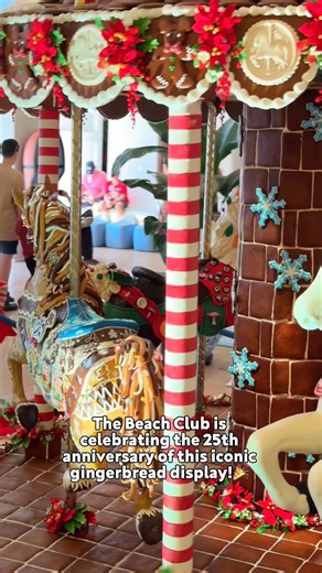 The Beach Club gingerbread carousel is officially HERE, and this year’s theme might be the sweetest yet! 🎠🍬✨ To celebrate the 25th anniversary of Disney’s gingerbread displays, each horse is themed to a classic holiday treat — and every single one features the number 25 worked into its design. 🍬 Peppermint Horse — striped, twirled, and frosty fresh �🍪 Gingerbread Horse — warm, spiced, and cookie-perfection �🍰 Swiss Roll Horse — chocolatey spirals and sugary swirls �🌿 Garland Horse — dried 