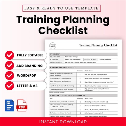 Training Planning Checklist Template – Word & PDF, A4   US Letter - Etsy Australia