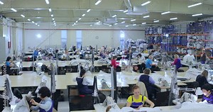 Many seamstresses work in a garment factory. Working process at a garment factory. Large sewing workshop. Seamstresses make products in a factory. Garment factory