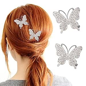 2Pcs Butterfly Hair Clips Butterfly Hair Barrettes Clamps with Rhinestones Decorative Cute Hair Pins Hair Accessories for Women Girls (Silver)