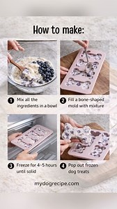 Blueberry and Banana Frozen Dog Treats Ingredients 1 cup plain Greek yogurt (unsweetened, low-fat) 1 ripe banana (mashed) 1/2 cup fresh or frozen blueberries Instructions 1. Mash the banana in a bowl until smooth. 2. Add the Greek yogurt and mix well. 3. Gently fold in the blueberries (you can lightly mash a few for more color if you want). 4. Spoon the mixture into a silicone bone/paw mold (or small ice cube tray). 5. Freeze 4–5 hours, or until fully solid. 6. Pop out and serve. Storage Keep fr