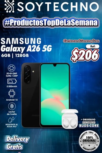 ¡SAMSUNG A26 REGALO EXCLUSIVO! 📱✨ ¿Buscas renovar tu smartphone y mejorar tu experiencia de audio al mismo tiempo? En @soytechnove tenemos el combo definitivo para ti. Llévate el nuevo Samsung Galaxy A26 y recibe unos Galaxy Buds Core de regalo para que disfrutes de un sonido increíble y total comodidad donde quiera que vayas. ✅ Envío GRATIS a toda Venezuela. 🚚💨 💳 Paga con tarjetas nacionales, internacionales y prepagadas SIN recargos. 💳 📍Visita nuestras tiendas o soytechno.com ¡Potencia y