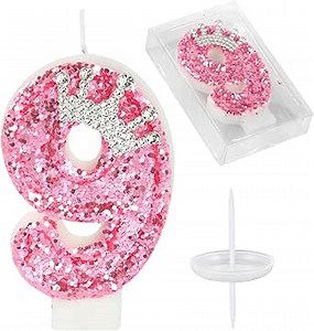 Birthday Number Candles,Pink Crown Birthday Candles for Cake,Glitter Number 9 Candle Cake Topper with Sequins for Girls,Women, Anniversary Celebrations Supplies (Pink 9)