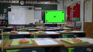 Interactive white board with green screen chroma key in empty school classroom.