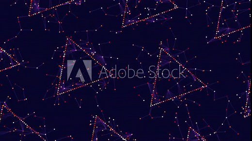 A vibrant geometric pattern featuring red and blue colors emerges from intricate lines formed by circles, while triangles and squares create striking shapes