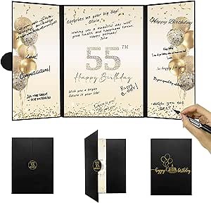 DARUNAXY Black Gold 55th Birthday Party Decorations, Happy 55th Birthday Alternative Signature Guest Book for Men Women Cheers to 55 Years Old Gifts 55 Birthday Signing Card Board Party Supplies
