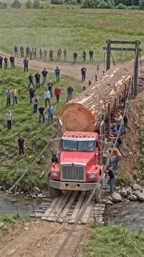 Massive Giant Log Transported Across a Narrow Suspension Bridge #truck #heavycivil #shorts #viral