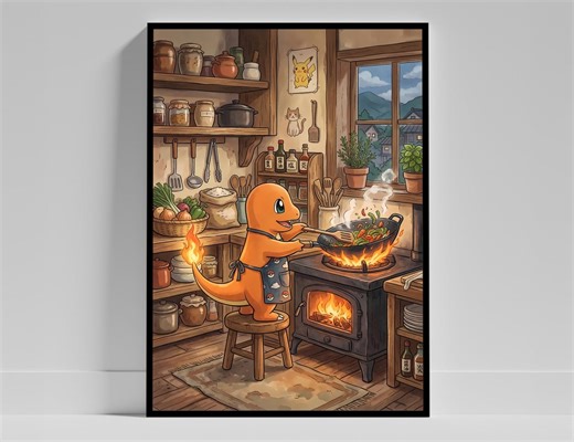 Charmander Cooking Poster, Pokemon Japanese Wall Art, Anime Gaming Decor, Pokemon Ghibli Gift
