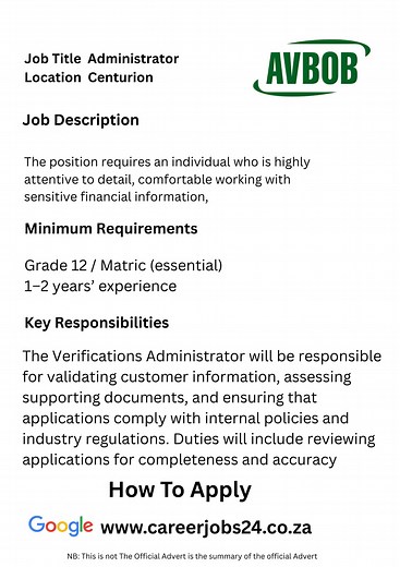 1.6K views | Job Title: Verifications Administrator Location: Centurion, Gauteng Reference Number: 446VA01 Closing Date: 25 August 2025 Employer: AVBOB Financial Services Job Type: Permanent, Full-Time Find The Application Link in The Comments Section To Apply | Job opportunities Available for 2025 | Facebook