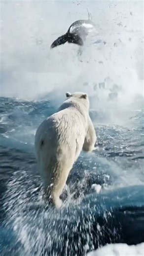 Polar bear thunders across collapsing ice floes as orcas smash through the surface behind him