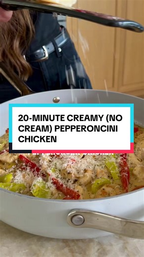 @kalejunkie 20-MINUTE CREAMY (NO CREAM) PEPPERONCINI CHICKEN! If you are in a boring rut with chicken, give this a try instead. It’s such a great weeknight dinner that everyone will love. You get tons of flavor and tanginess from the pepperoncini, mixed with a savory parmesan sauce, it is easy and so delicious! Serve over rice or with a salad on the side and you are good to go. ⁣ ⁣ SAVE this post, SHARE with friends, and FOLLOW me @kalejunkie for more easy, delicious recipes!⁣ ⁣ Makes 4 servings