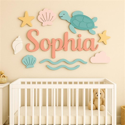 Personalized Turtle Nursery Sign – Ocean Animals Wall Decor, Baby Crib Name Sign - Etsy