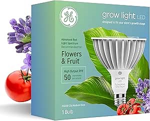 GE Grow LED Light Bulb, PAR38 Flood Light, Indoor LED Grow Lights for Flowers and Fruit, Advanced Red Light Spectrum, 25,000 Hour Lifespan, 50 PPF, 1 Pack (Packaging May Vary)