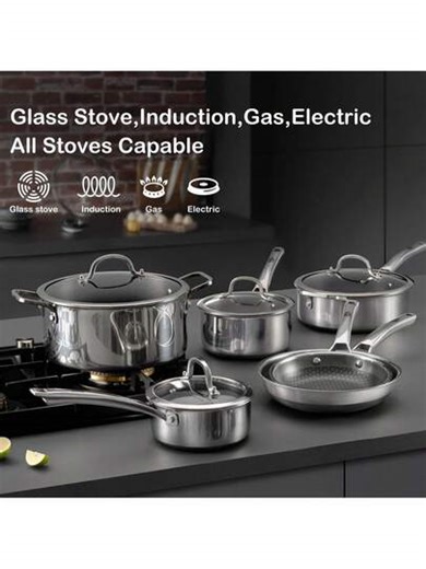 SNOWCLAD Pots And Pans Set Non Stick, 10 Pcs Hybrid Stainless Steel Cookware Sets, Non Stick Frying Pans, Saucepans, Saute Pan & Stock Pot, PFOA Free Kitchen Skillet,Induction Compatible Metal Nonstick | SHEIN
