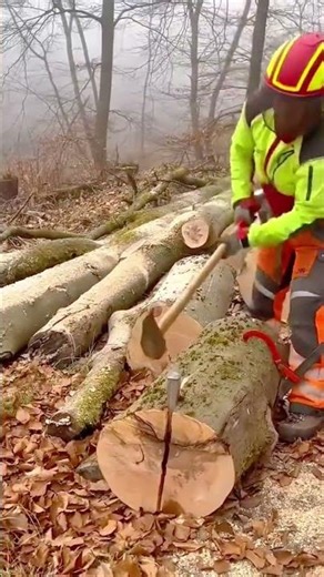 Skilled worker using a splitting maul to efficiently process timber in a foggy