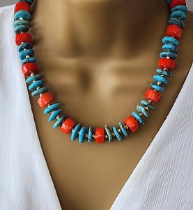 Turquoise & Coral Beaded Necklace – Handmade Chunky Statement Jewelry - Etsy