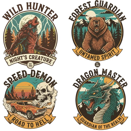 Retro T-Shirt Designs Bundle, Vintage Animal & Dragon Graphics (Digital Download