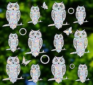 Owl and Ring Window Clings for Bird Strikes - Anti-Collision Window Decals to Save Birds from Window Collisions,Non Adhesive Prismatic Vinyl Window Clings, Rainbow Stickers