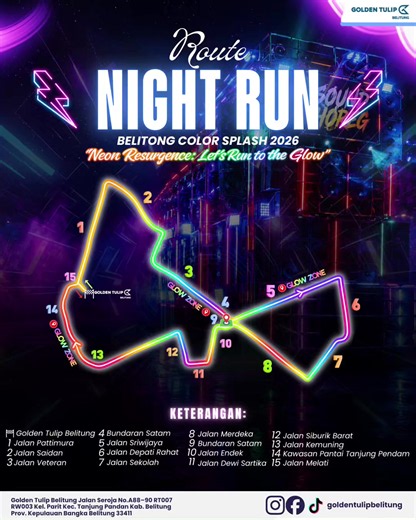 🎉 BELITONG COLOR SPLASH 2026 🎉 Bukan sekadar lari 5K biasa… Ini adalah perpaduan music, neon lights, glow powder, color splash, dan pesta malam penuh energi di tengah Kota Tanjungpandan! 🔥🏃‍♂️💫 ━━━━━━━━━━━━━━━ 📅 EVENT DETAILS ━━━━━━━━━━━━━━━ 📍 Golden Tulip Belitung 🗓 Saturday, 19 September 2026 ⏰ 19.30 – 22.30 WIB ━━━━━━━━━━━━━━━ 💸 REGISTRATION FEE ━━━━━━━━━━━━━━━ 🔥 EARLY BIRD IDR 180.000 nett/person 📆 11 May – 15 June 2026 (atau sampai kuota habis) 🎟 REGULAR PRICE IDR 250.000 nett/p