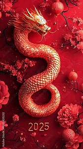 Chinese new year 2025 year of the Snake. Red Snake golden fireworks and red background design. Red traditional Chinese designs with snakes. Lunar new year concept, geometric modern 4k video