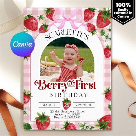 Berry First Birthday Invitation Template, Editable Photo 1st Birthday Party Invitations, Printable Strawberry Birthday Invites, Pink Invite - Etsy