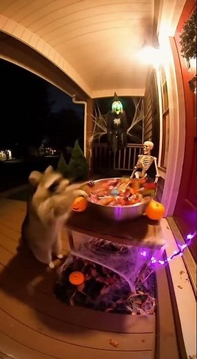 Raccoon Gets Scared By Halloween Decoration