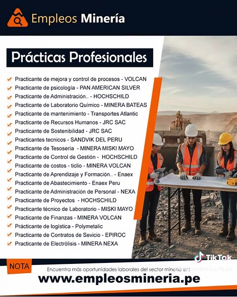 ¿Eres recién egresado técnico o universitario y buscas tus prácticas profesionales en minería? Aquí te compartimos las últimas convocatorias de compañías mineras y contratistas del país. Da el siguiente paso en tu carrera profesional y encuentra más oportunidades actualizadas en: 👉 https://www.empleosmineria.pe/practicas-profesionales Tu futuro profesional en minería empieza hoy.