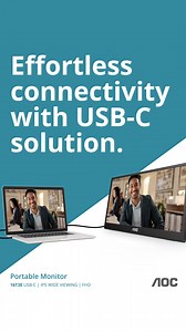 Don't let glitches spoil your day at work. 🤩 The AOC 16T3E portable monitor boasts a USB-C connection that offers you seamless productivity. Connect with ease without cable clutter, and let your creativity fly because the USB-C connection supports high-speed data transfer and power delivery. 💼🚀 #AOC #16T3E #USBC #portablemonitor | AOC