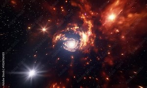 Tracking shot with space-time distortion: The camera starts by focusing on a region of space with visible distortion effects, then tracks through the distortion to reveal the warping of nearby cosmic