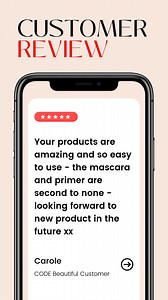 “Second to none!” ✨ We love hearing how much you’re loving your CODE essentials — thank you Carole! 🖤 From our game changing CODE FFL lash primer to our bestselling CODE VLM mascara, our products are made to be easy, effective, and deliver real results — every time. Ready to find out why so many women love our products? Tap the link https://shorturl.at/r0Hwr to shop and try them for yourself! | CODE Beautiful