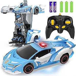 FDJ RC Cars - Transform Remote Control Car, 2.4Ghz 1:18 Scale Transforming Police Car Toy with Flashing Light, One Button Deformation 360 Degree Rotating Drifting Kids Toys Car for Boys Girls