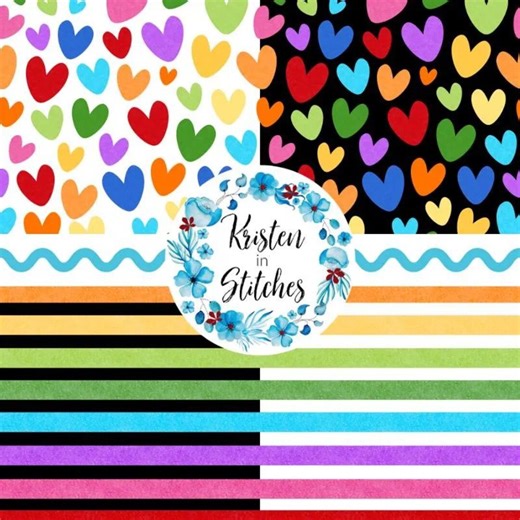 Rainbow Seamless Pattern Set of 4, PNG Digital Paper Pack, Scrapbook Backgrounds, Candy Colors, Valentine Hearts, Bright Stripes - Etsy