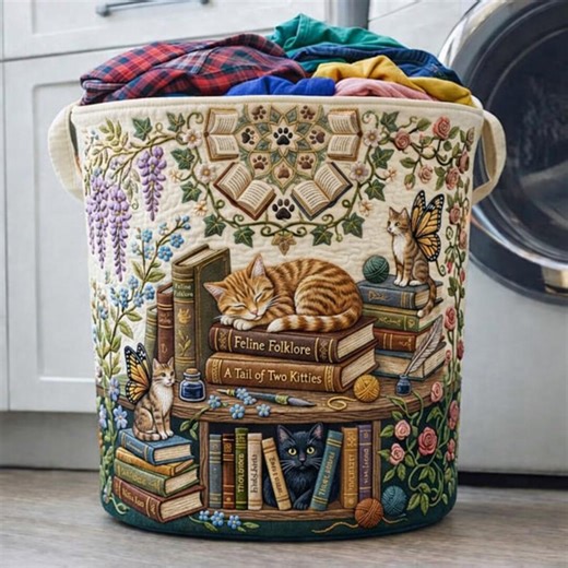 Cat Library Quilted Laundry Basket, Cottagecore Storage Bin, Floral Fabric Hamper, Cute Home Decor Organizer, Gift for Cat Lovers