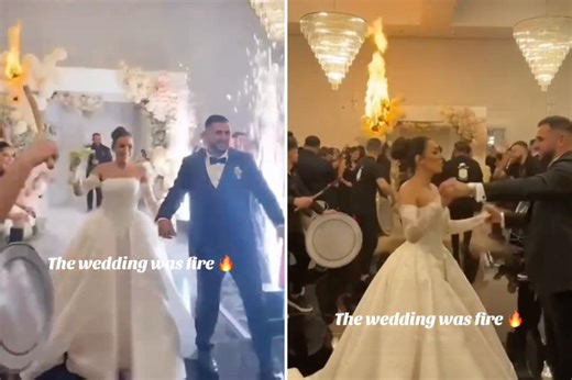 Moment couple’s wedding entrance is ‘ruined’ as venue catches on fire