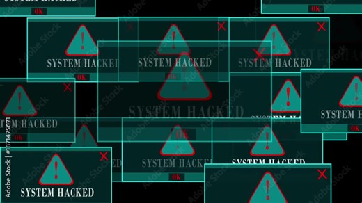 System Hacked Alert Warning Error Window Pop-Up on Black Screen, Cyber Security Breach, Malware Attack, Critical Failure, Digital Threat, Hacker Intrusion, Data Leak, Ransomware, Futuristic UI Notific
