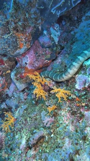 Olive sea snake moves over a substrate of vivid soft and hard corals near Red Cliff, Manuk, Maluku, Indonesia.