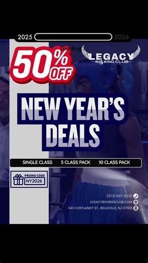 🔥🥊 NEW YEAR. NEW DEALS. 🥊🔥 We’re kicking off 2026 with 50% OFF your training at Legacy Boxing Club 💥 ✔ Single Class ✔ 5-Class Pack ✔ 10-Class Pack No contracts. No gimmicks. Just real boxing, real coaching, real work. 📲 Use promo code: NY2026 ⏳ Limited time only — spots fill fast. New year, new discipline, same grind. Build your legacy. #LegacyBoxingClub #NewYearsDeals #50Off #BuildYourLegacy #BoxingWithPurpose