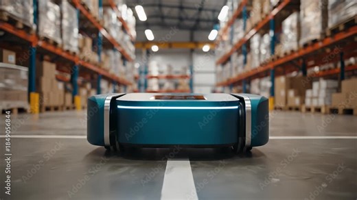 Autonomous robot moves through warehouse aisle between shelves. AGV navigates distribution center following line. Robot travels warehouse floor with boxes. Automated vehicle in logistics center.