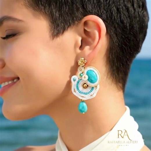 Turquoise and Gold Soutache Earrings, Bridal Seaside Earrings, White and Blue Jewelry With Semi-precious Stones, Elegant Drop Earrings - Etsy