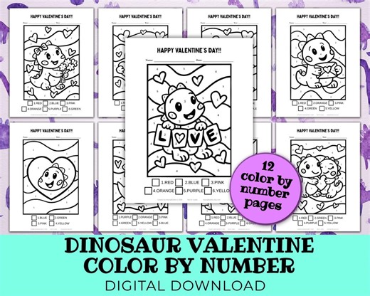Dinosaur Valentine Color by Number Coloring Pages for Kids, Cute Dino Valentines, Easy Preschool Activity Printable - Etsy