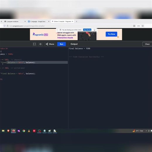 सी प्रोग्रामिंग ट्यूटोरियल: असाइनमेंट ऑपरेटर और गूगल डॉक्स #shorts